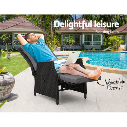 Gardeon Recliner Chairs Sun lounge Wicker Lounger Outdoor Furniture Patio Adjustable Black ODF-RCL-RW-FT-BK