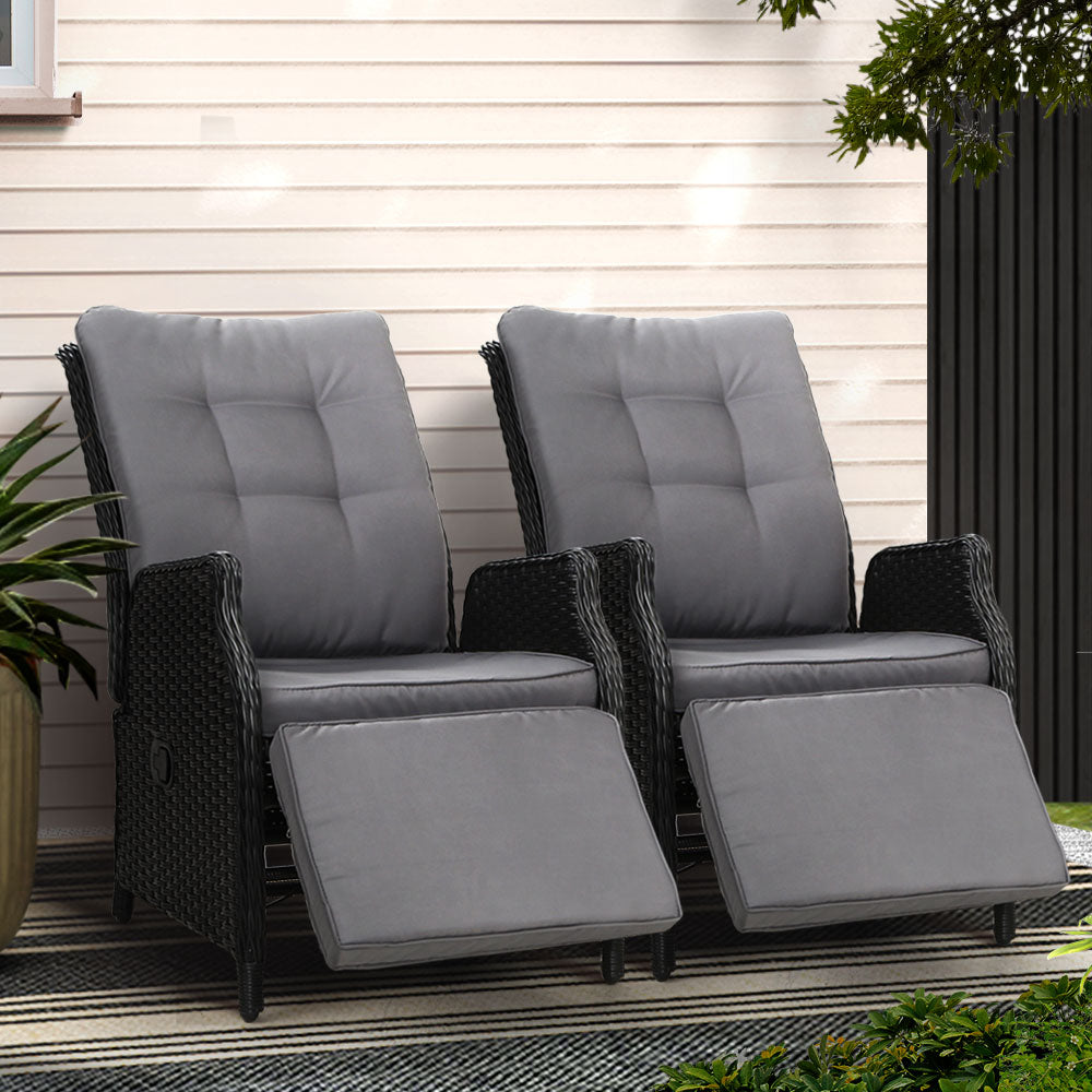 Gardeon 2PC Recliner Chairs Sun lounge Wicker Lounger Outdoor Furniture Adjustable Black ODF-RCL-RW-FT-BKX2