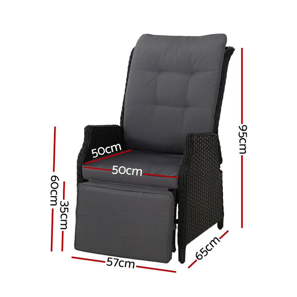 Gardeon 2PC Recliner Chairs Sun lounge Wicker Lounger Outdoor Furniture Adjustable Black ODF-RCL-RW-FT-BKX2