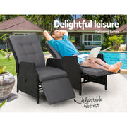 Gardeon 2PC Recliner Chairs Sun lounge Wicker Lounger Outdoor Furniture Adjustable Black ODF-RCL-RW-FT-BKX2