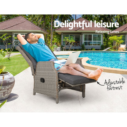 Gardeon Recliner Chairs Sun lounge Wicker Lounger Outdoor Furniture Patio Adjustable Grey ODF-RCL-RW-FT-GE