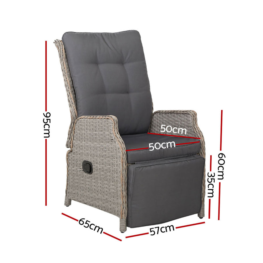 Gardeon 2PC Recliner Chairs Sun lounge Wicker Lounger Outdoor Furniture Adjustable Grey ODF-RCL-RW-FT-GEX2