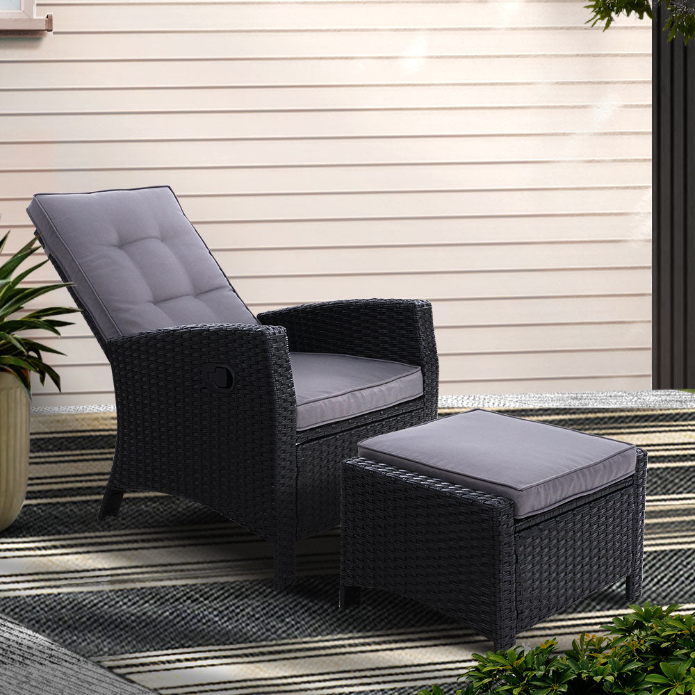 Gardeon Recliner Chair Sun lounge Wicker Lounger Outdoor Patio Furniture Adjustable Black ODF-RECLINER-CHOTM-BK