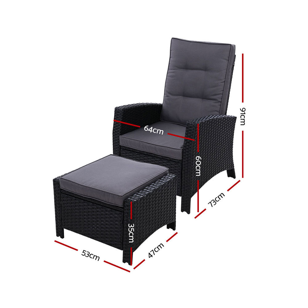 Gardeon Recliner Chair Sun lounge Wicker Lounger Outdoor Patio Furniture Adjustable Black ODF-RECLINER-CHOTM-BK