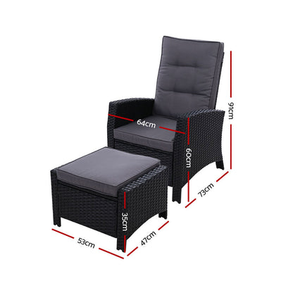 Gardeon Recliner Chair Sun lounge Wicker Lounger Outdoor Patio Furniture Adjustable Black ODF-RECLINER-CHOTM-BK