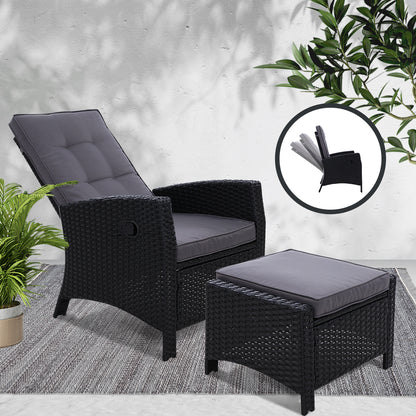 Gardeon Recliner Chair Sun lounge Wicker Lounger Outdoor Patio Furniture Adjustable Black ODF-RECLINER-CHOTM-BK