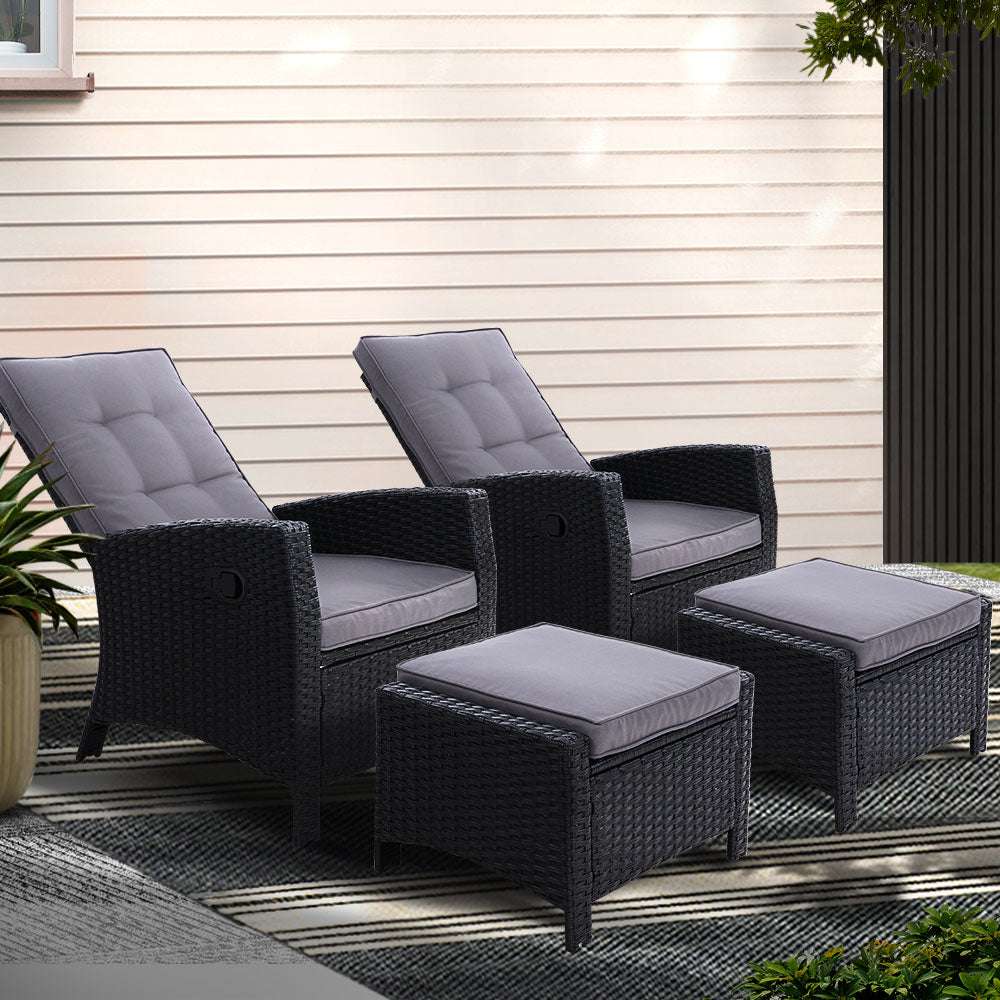 Gardeon 2PC Recliner Chairs Sun lounge Wicker Lounger Outdoor Furniture Adjustable Black ODF-RECLINER-CHOTM-BKX2