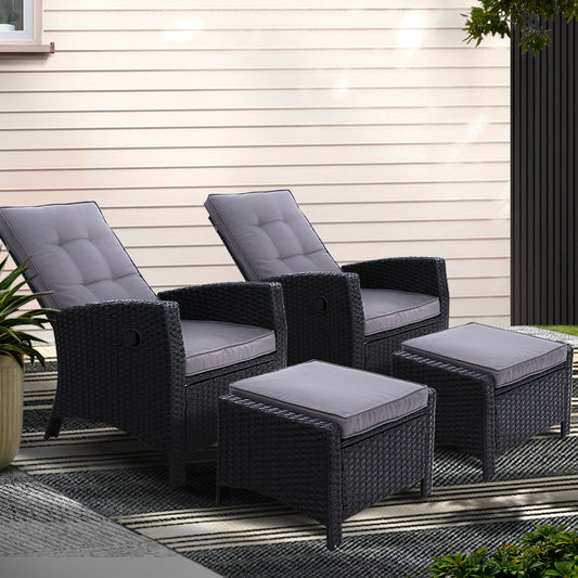 Gardeon 2PC Recliner Chairs Sun lounge Wicker Lounger Outdoor Furniture Adjustable Black ODF-RECLINER-CHOTM-BKX2