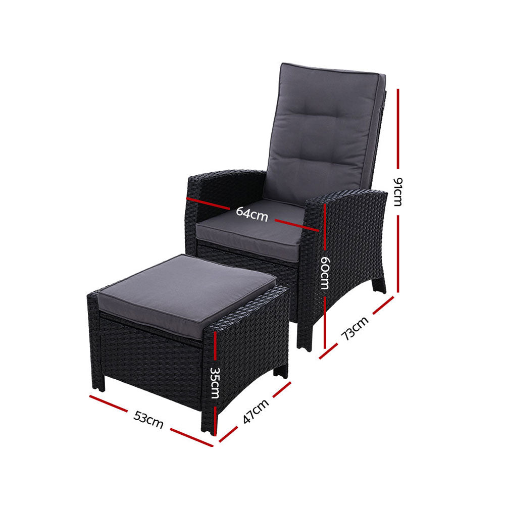 Gardeon 2PC Recliner Chairs Sun lounge Wicker Lounger Outdoor Furniture Adjustable Black ODF-RECLINER-CHOTM-BKX2