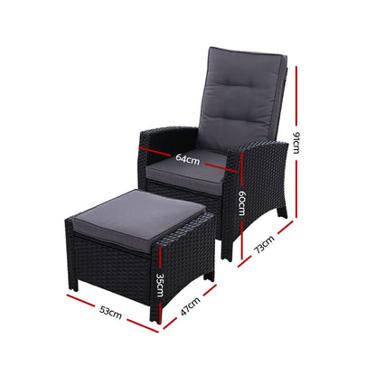 Gardeon 2PC Recliner Chairs Sun lounge Wicker Lounger Outdoor Furniture Adjustable Black ODF-RECLINER-CHOTM-BKX2