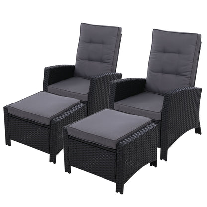 Gardeon 2PC Recliner Chairs Sun lounge Wicker Lounger Outdoor Furniture Adjustable Black ODF-RECLINER-CHOTM-BKX2