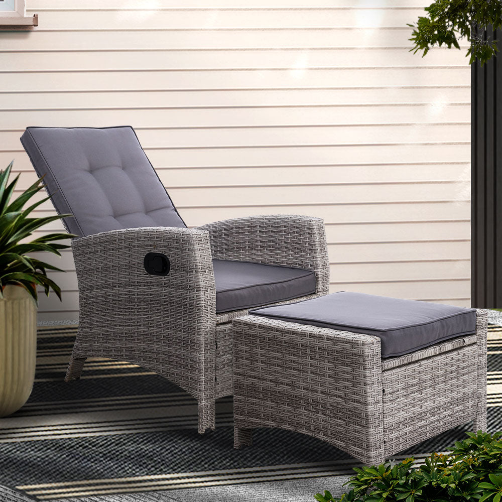 Gardeon Recliner Chair Sun lounge Wicker Lounger Outdoor Patio Furniture Adjustable Grey ODF-RECLINER-CHOTM-GE