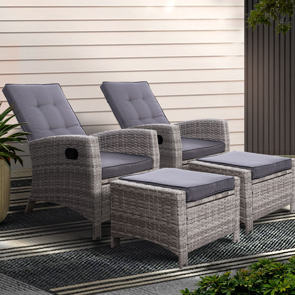 Gardeon 2PC Recliner Chairs Sun lounge Wicker Lounger Outdoor Furniture Adjustable Grey ODF-RECLINER-CHOTM-GEX2
