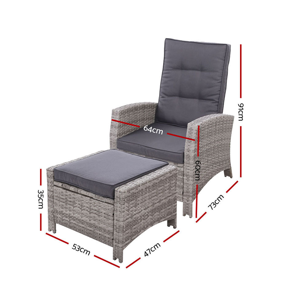 Gardeon 2PC Recliner Chairs Sun lounge Wicker Lounger Outdoor Furniture Adjustable Grey ODF-RECLINER-CHOTM-GEX2
