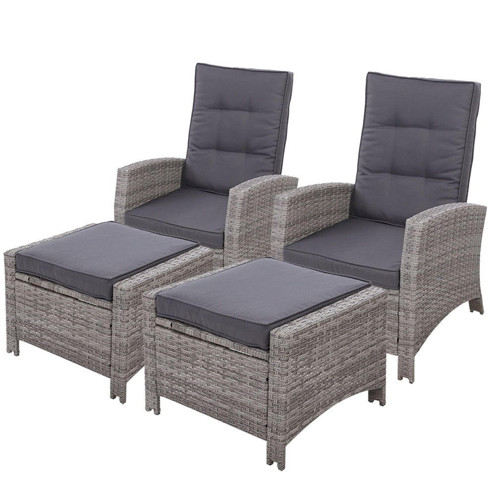 Gardeon 2PC Recliner Chairs Sun lounge Wicker Lounger Outdoor Furniture Adjustable Grey ODF-RECLINER-CHOTM-GEX2