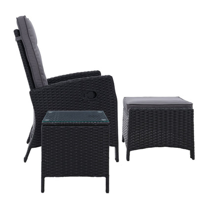 Gardeon 3PC Recliner Chairs Table Sun lounge Wicker Outdoor Furniture Adjustable Black ODF-RECLINER-CHOTTB-3BK