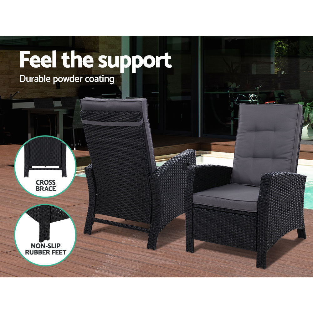 Gardeon 3PC Recliner Chairs Table Sun lounge Wicker Outdoor Furniture Adjustable Black ODF-RECLINER-CHOTTB-3BK