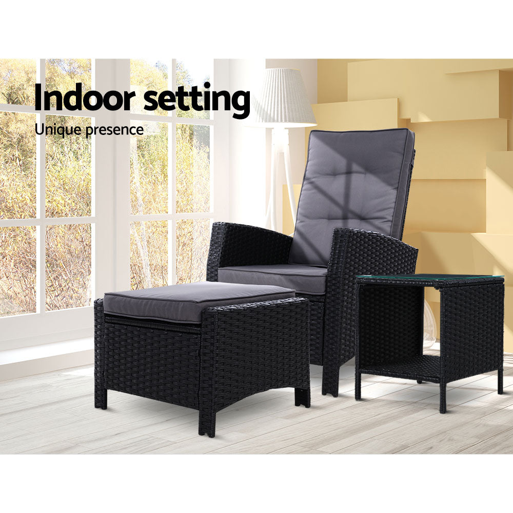 Gardeon 3PC Recliner Chairs Table Sun lounge Wicker Outdoor Furniture Adjustable Black ODF-RECLINER-CHOTTB-3BK