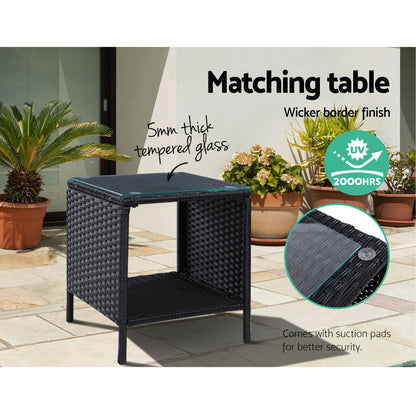 Gardeon 3PC Recliner Chairs Table Sun lounge Wicker Outdoor Furniture Adjustable Black ODF-RECLINER-CHOTTB-3BK