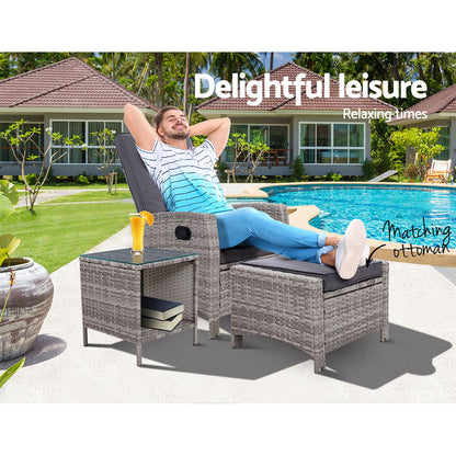Gardeon 3PC Recliner Chairs Table Sun lounge Wicker Outdoor Furniture Adjustable Grey ODF-RECLINER-CHOTTB-3GE