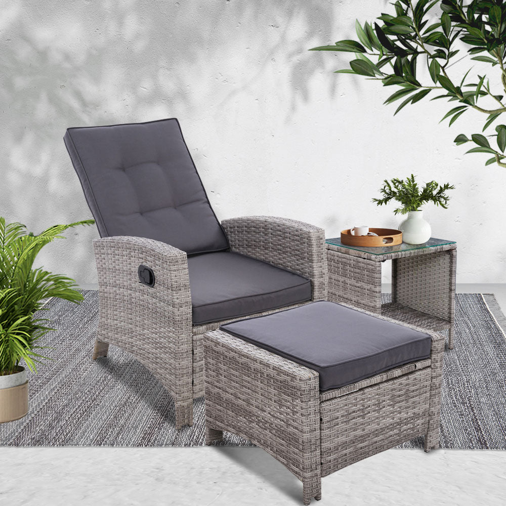 Gardeon 3PC Recliner Chairs Table Sun lounge Wicker Outdoor Furniture Adjustable Grey ODF-RECLINER-CHOTTB-3GE