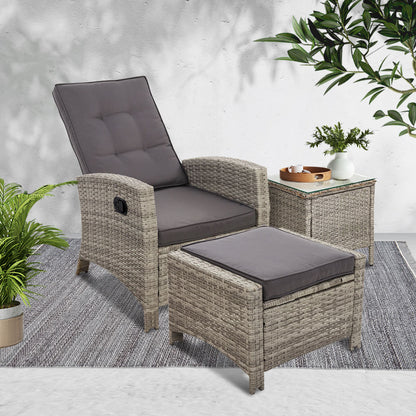 Gardeon 3PC Recliner Chairs Table Sun lounge Wicker Outdoor Furniture Adjustable Grey ODF-RECLINER-CHOTTB-3GE