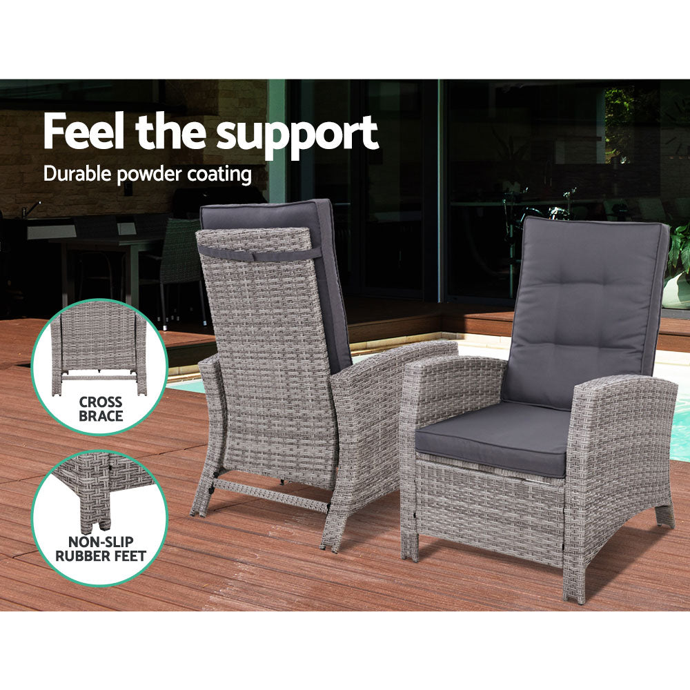 Gardeon 3PC Recliner Chairs Table Sun lounge Wicker Outdoor Furniture Adjustable Grey ODF-RECLINER-CHOTTB-3GE
