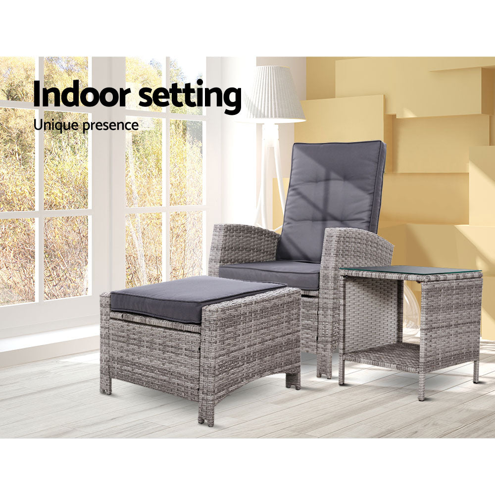 Gardeon 3PC Recliner Chairs Table Sun lounge Wicker Outdoor Furniture Adjustable Grey ODF-RECLINER-CHOTTB-3GE