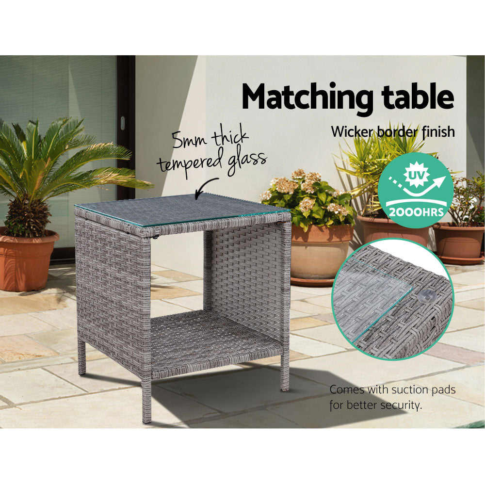 Gardeon 3PC Recliner Chairs Table Sun lounge Wicker Outdoor Furniture Adjustable Grey ODF-RECLINER-CHOTTB-3GE
