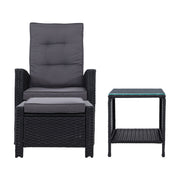 Gardeon 5PC Recliner Chairs Table Sun lounge Wicker Outdoor Furniture Adjustable Black ODF-RECLINER-CHOTTB-5BK