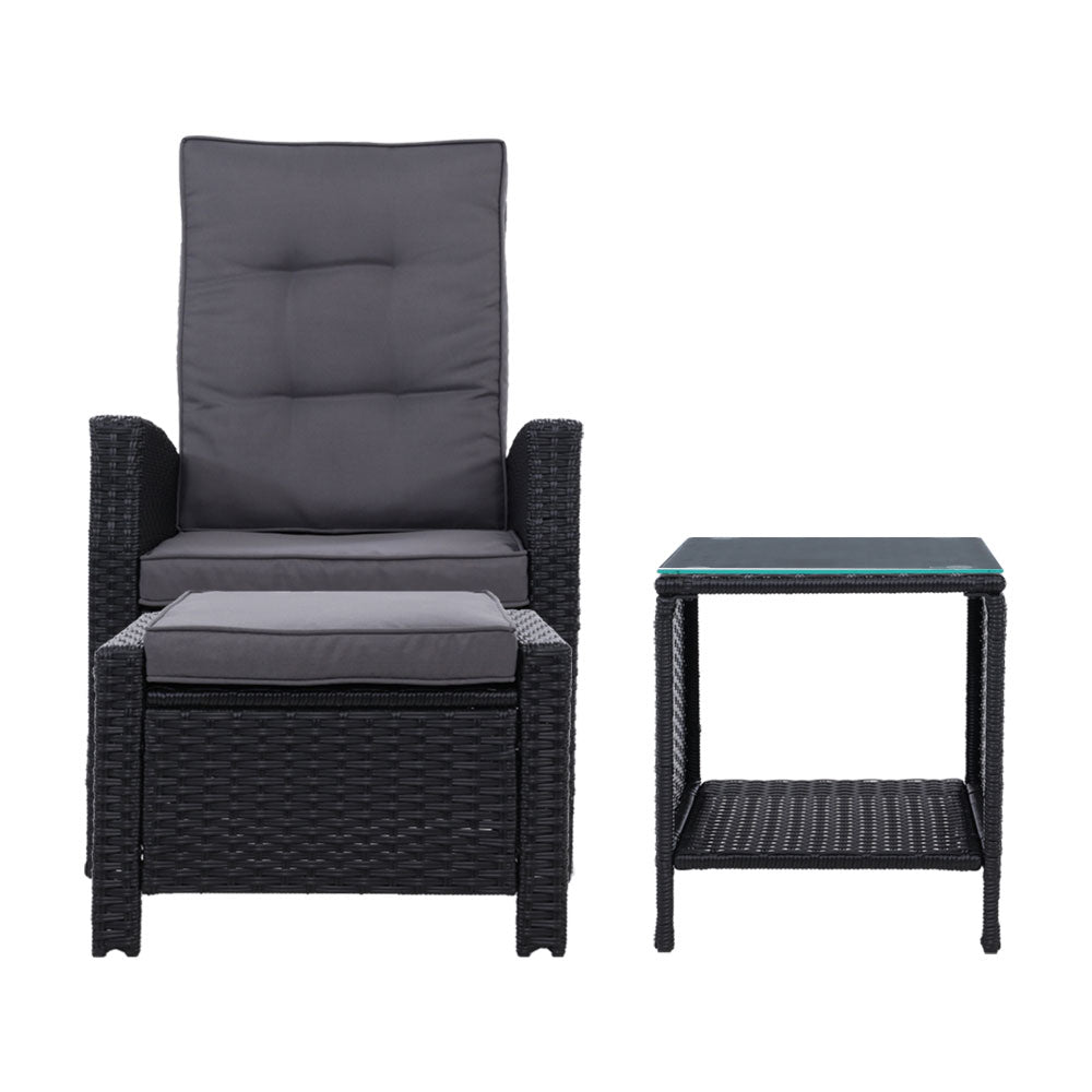 Gardeon 5PC Recliner Chairs Table Sun lounge Wicker Outdoor Furniture Adjustable Black ODF-RECLINER-CHOTTB-5BK