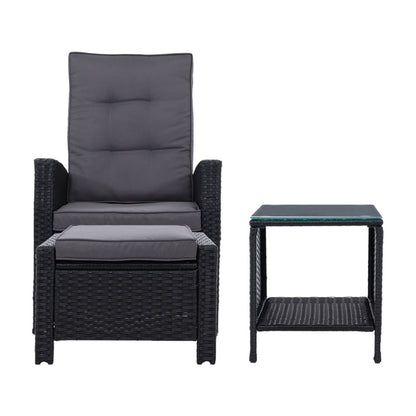 Gardeon 5PC Recliner Chairs Table Sun lounge Wicker Outdoor Furniture Adjustable Black ODF-RECLINER-CHOTTB-5BK
