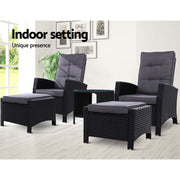 Gardeon 5PC Recliner Chairs Table Sun lounge Wicker Outdoor Furniture Adjustable Black ODF-RECLINER-CHOTTB-5BK