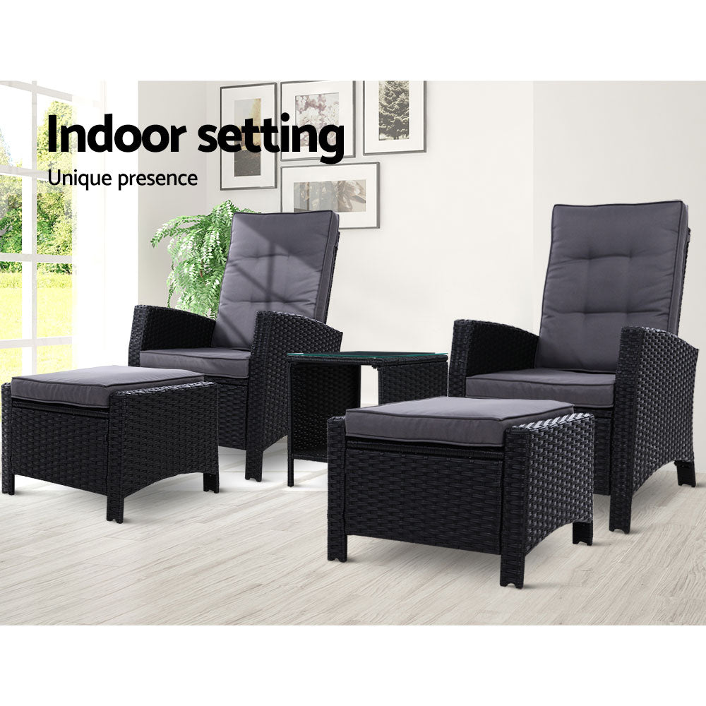 Gardeon 5PC Recliner Chairs Table Sun lounge Wicker Outdoor Furniture Adjustable Black ODF-RECLINER-CHOTTB-5BK
