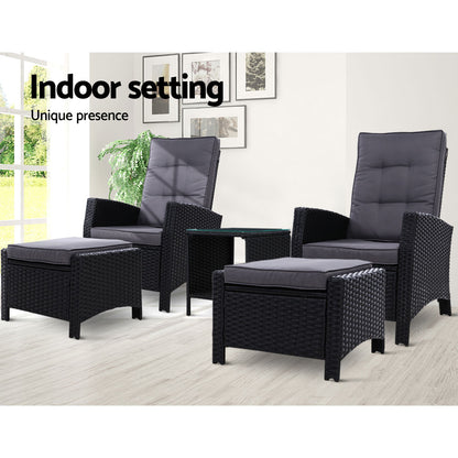 Gardeon 5PC Recliner Chairs Table Sun lounge Wicker Outdoor Furniture Adjustable Black ODF-RECLINER-CHOTTB-5BK