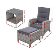 Gardeon 5PC Recliner Chairs Table Sun lounge Wicker Outdoor Furniture Adjustable Grey ODF-RECLINER-CHOTTB-5GE