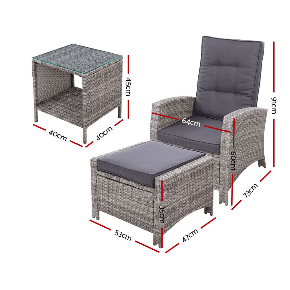 Gardeon 5PC Recliner Chairs Table Sun lounge Wicker Outdoor Furniture Adjustable Grey ODF-RECLINER-CHOTTB-5GE