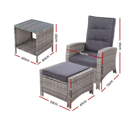 Gardeon 5PC Recliner Chairs Table Sun lounge Wicker Outdoor Furniture Adjustable Grey ODF-RECLINER-CHOTTB-5GE