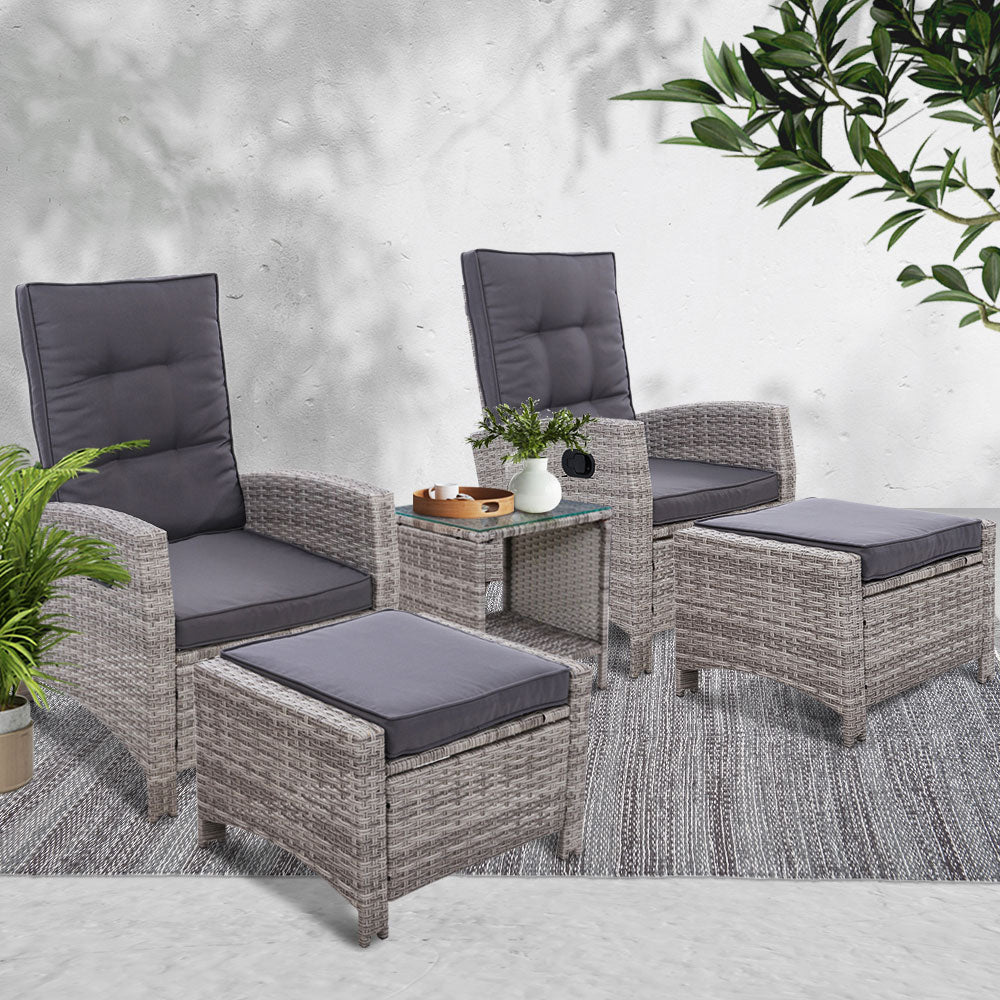 Gardeon 5PC Recliner Chairs Table Sun lounge Wicker Outdoor Furniture Adjustable Grey ODF-RECLINER-CHOTTB-5GE