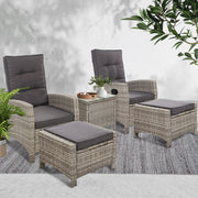 Gardeon 5PC Recliner Chairs Table Sun lounge Wicker Outdoor Furniture Adjustable Grey ODF-RECLINER-CHOTTB-5GE