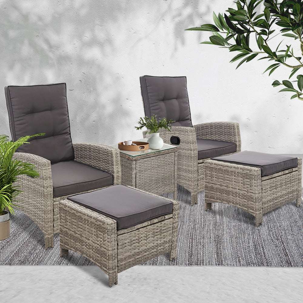 Gardeon 5PC Recliner Chairs Table Sun lounge Wicker Outdoor Furniture Adjustable Grey ODF-RECLINER-CHOTTB-5GE