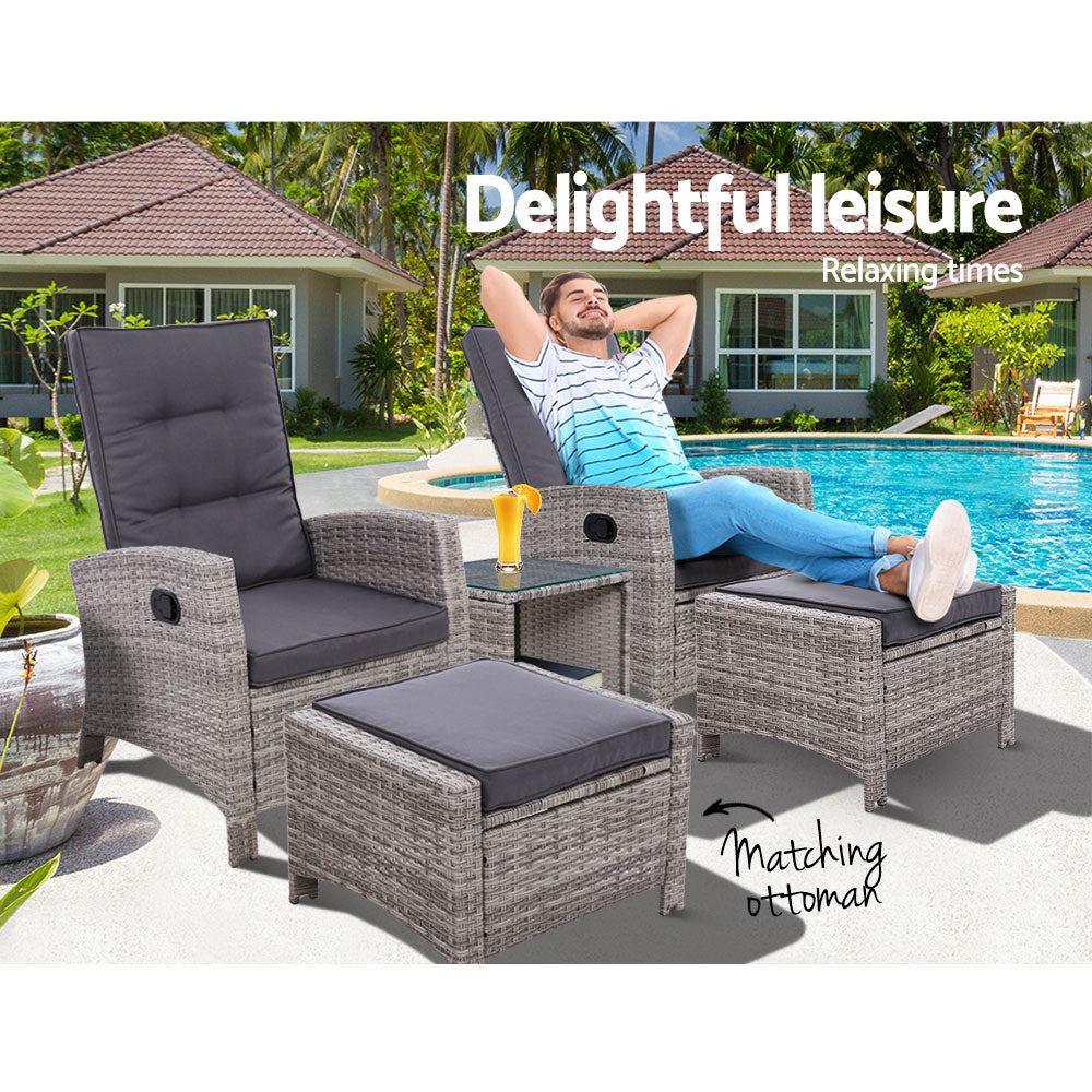 Gardeon 5PC Recliner Chairs Table Sun lounge Wicker Outdoor Furniture Adjustable Grey ODF-RECLINER-CHOTTB-5GE