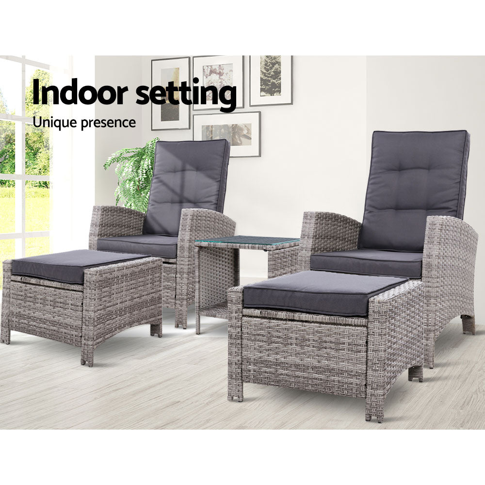 Gardeon 5PC Recliner Chairs Table Sun lounge Wicker Outdoor Furniture Adjustable Grey ODF-RECLINER-CHOTTB-5GE