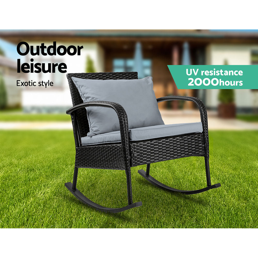Gardeon Outdoor Furniture Rocking Chair Wicker Garden Patio Lounge Setting Black ODF-ROCK-E-CHAIR-BK