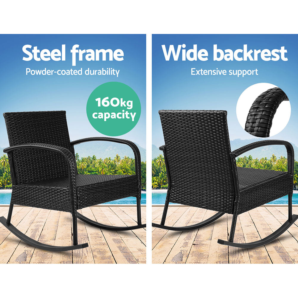 Gardeon Outdoor Furniture Rocking Chair Wicker Garden Patio Lounge Setting Black ODF-ROCK-E-CHAIR-BK
