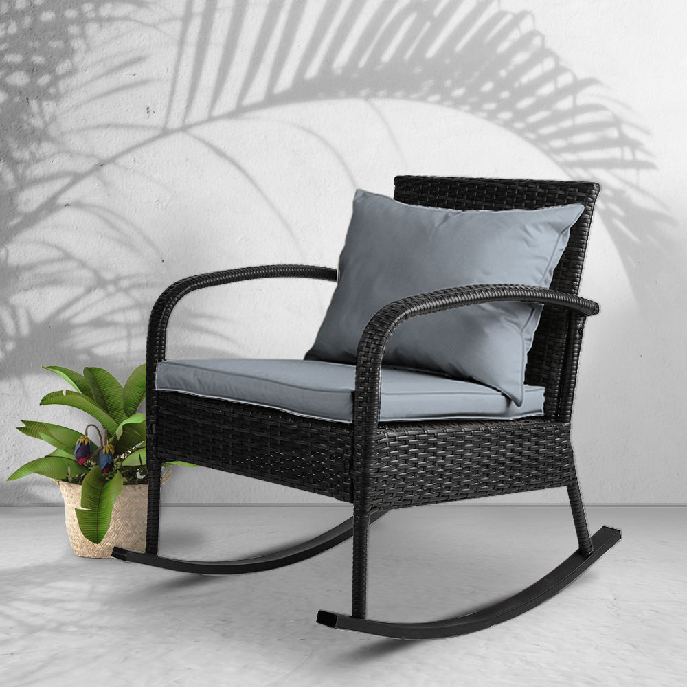 Gardeon Outdoor Furniture Rocking Chair Wicker Garden Patio Lounge Setting Black ODF-ROCK-E-CHAIR-BK