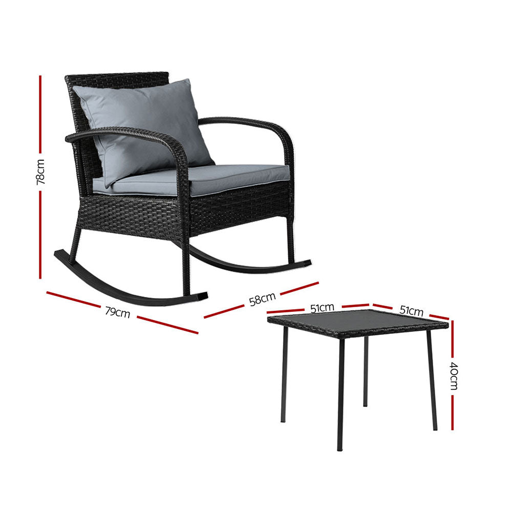 Gardeon 2PC Rocking Chair Table Wicker Outdoor Furniture Patio Lounge Setting ODF-ROCK-E-CHTB-BK