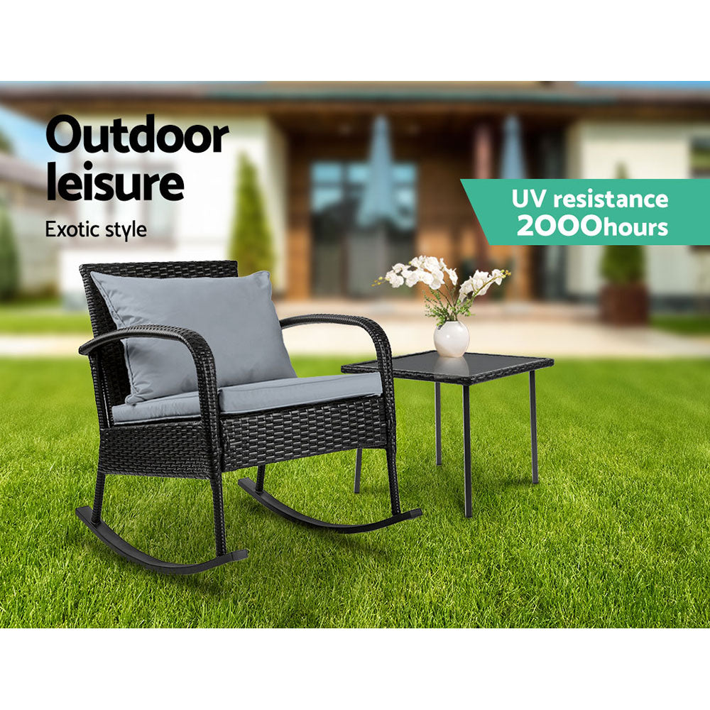 Gardeon 2PC Rocking Chair Table Wicker Outdoor Furniture Patio Lounge Setting ODF-ROCK-E-CHTB-BK
