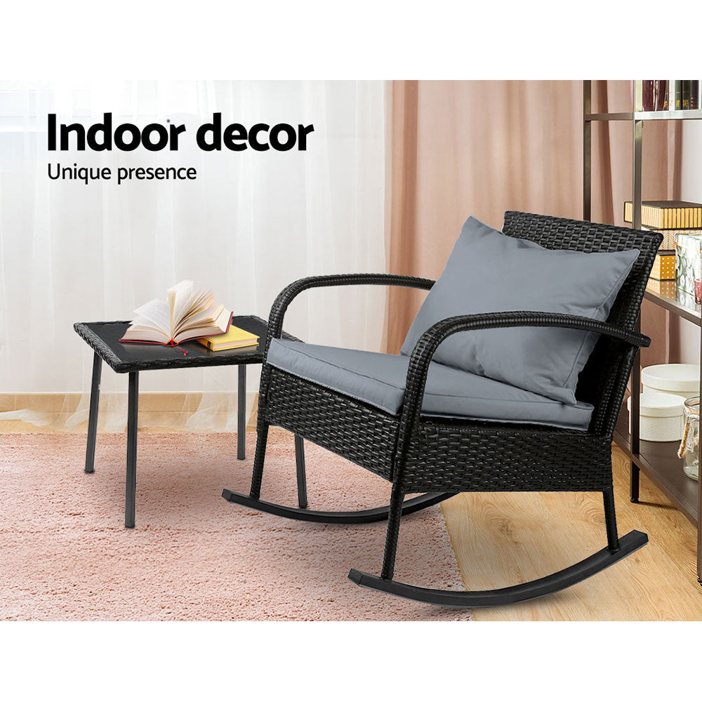 Gardeon 2PC Rocking Chair Table Wicker Outdoor Furniture Patio Lounge Setting ODF-ROCK-E-CHTB-BK
