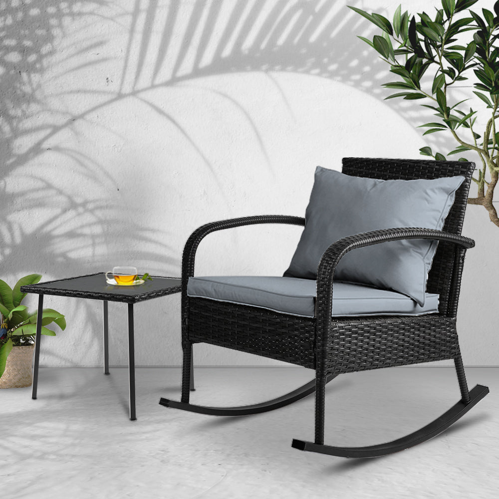 Gardeon 2PC Rocking Chair Table Wicker Outdoor Furniture Patio Lounge Setting ODF-ROCK-E-CHTB-BK